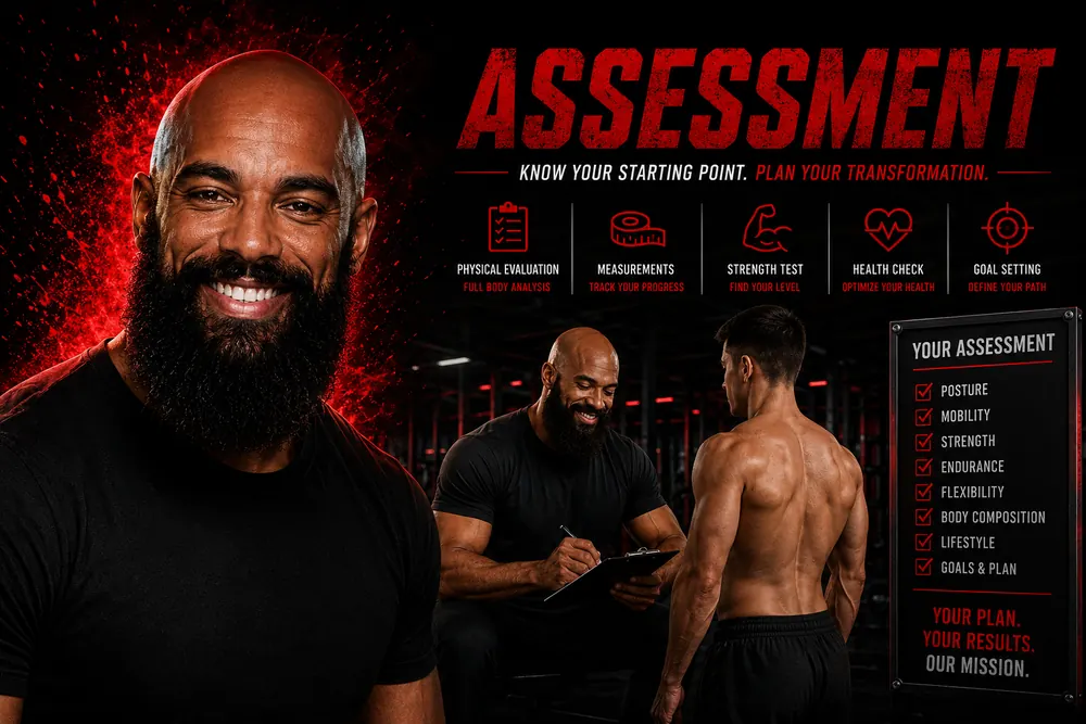 Assessment — physical evaluation, measurements, strength test, health check, goal setting